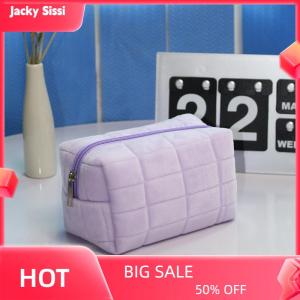 Jacky กระเป๋าเครื่องสำอางขนเฟอร์น่ารักสำหรับผู้หญิงกระเป๋าเครื่องสำอางสีทึบขนาดใหญ่มีซิปกระเป๋าใส่เครื่องสำอางเวลาเดินทางกระเป๋าใส่ของใช้ในห้องน้ำกระเป๋าใส่ปากกาตุ๊กตา