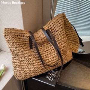 MOODS Luxury Design Straw Woven Tote Bags For Women Large Capacity Shoulder Beach Bag Pure Color Summer New Big Shopping Handbag2026