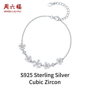 ZHOU LIU FU 周六福 S925 Sterling Silver Bracelets Cubic Zircons Cute Flower Butterfly Link Bracelet for Women Girl 16+3cm J0713762/J0713763