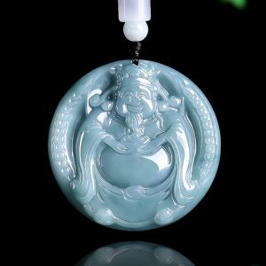 Blue Natural A-grade Jade God of Wealth Carved Round Pendant for Men with Certificate
