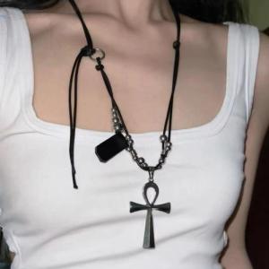 [fenggongshuode] Y2K Retro Metal Cross Pendant Necklace For Women Girls Punk Gothic Black Rope Long Sweater Chain Fashion Party Jewelry Gifts