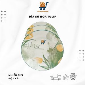Bộ 2 Đĩa Sứ Họa Tiết Hoa Tulip – Đĩa Tròn Vuông Xoài Decor Bàn Ăn Tráng Men Cao Cấp