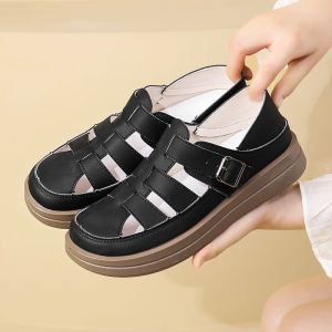 Real Leather Roman Sandals for Womens Summer Single Shoes Versatile with Toe Caps Worn with Skirts Perforated Womens Shoes Single Shoes