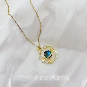 Luxe Celestial Moon Planet Pendant Necklace for Women Micro Paved Cubic Zirconia Elegant Minimalist Collarbone Chain Versatile Daily Statement Jewelry