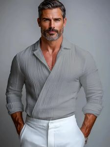 LVLAEA Pleated Textured Shirt Men Autumn Solid Color Long Sleeve Lapel Old Money Style Criss-cross Design Breathable Tated Shirt2026