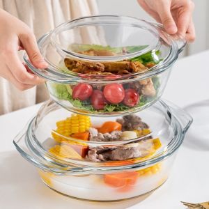 COOLSOO บอโรซิลิเกตสูง ชามแก้วคริสตัล พร้อมฝาปิด มือจับคู่ ชามเตาอบไมโครเวฟ หนาขึ้น ทนความร้อนทน ภาชนะเก็บอาหาร