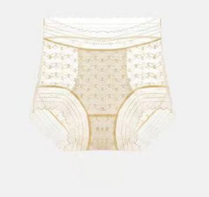 💕Ice silk💕Super long mulberry silk bottom crotch tummy-controlling panties for women medium and high waist Japanese style thin lace light tummy-controlling briefs for women summer breathable