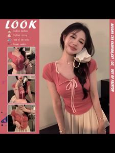 Pure Desire Style Hot Girl Short Sleeve T Womens Shirt Niche Short Design Slim Fit Slimming Effect V Trendy Collared Base Shirt Top ins