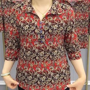 ผู้หญิงลายดอกไม้เสื้อฤดูใบไม้ผลิฤดูใบไม้ร่วงกลางวัยกลางคนแม่พิมพ์ปกด้านบนปกแขนเจ็ดส่วน