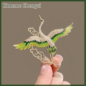 Hmeme Chinese Style Elegant Rhinestone Green Wings Crane Clouds Brooches For Women Girls Flying Birds Lapel Pins Party Jewelry
