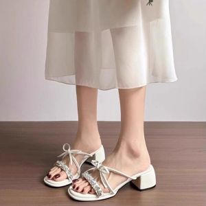 [Free Shipping] Elegant Womens Sandals 2025 Summer New Style Bowknot Rhinestone Sandals for Outdoor Wear Thick Heel High Heels
