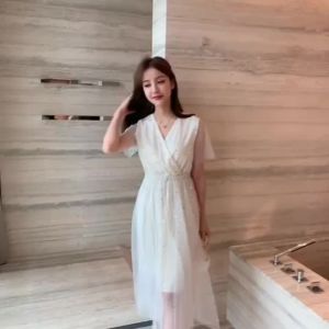 Peach Fuzz Korean White Pink Blue Mesh Fairy Civil Wedding Debut Long Dress