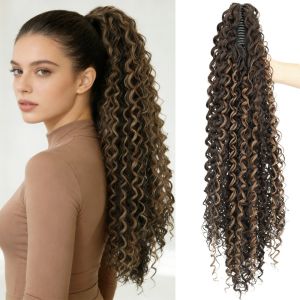 OMQAIO Tổng hợp Tóc giả đuôi ngựa xoăn dài 24 inch Kẹp móng tay Tóc giả đuôi ngựa sóng sâu Phụ kiện tóc Dây rút Phụ kiện tóc đuôi ngựa dành cho phụ nữ