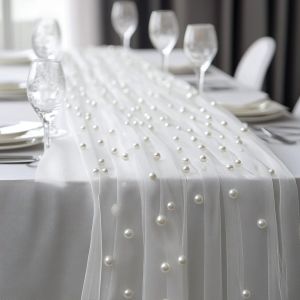 MILDGLOW Pearl Chiffon Fabric Pearl Chiffon Table Flag Semi Transparent 75×300cm/75×100cm Pearl Tulle Table Runner Wedding Arch Gauze Mesh Table Cloth Outdoor Wedding