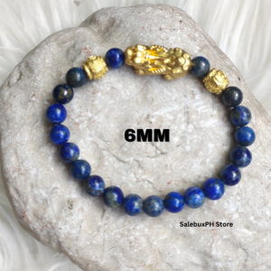 Feng Shui Lapis Lazuli 14mm 3D Gold Piyao Money Coin Intelligence Stone Inner Power Bracelet