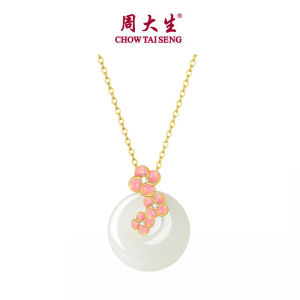 CTS S925 Silver Peach Blossom Hetian Jade Ping An Buckle Necklace CHOW TAI SENG 周大生 S1PC1372