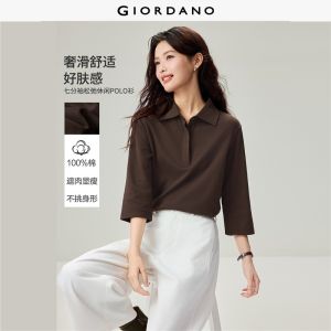 Giordano Women Concealed placket 3/4 sleeve cotton polo shirt Free Shipping 05316785