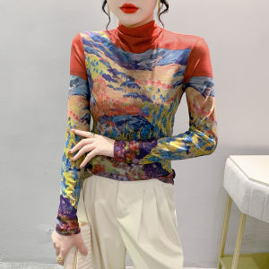 AMMIN เสื้อยืดแขนยาวสำหรับผู้หญิงเสื้อยืดชุดลำลองย้อนยุคลายกราฟฟิตีวาดด้วยมือไซส์ใหญ่พิมพ์ลายตาข่ายแขนพองเสื้อสำหรับผู้หญิง2024ฤดูใบไม้ผลิ/ฤดูร้อน