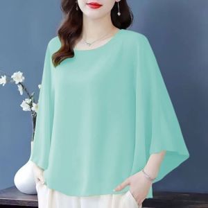 Puff 3 4 Tay Áo Áo Tay áo dài áo trang trọng cỡ lỡn tròn màu hồng Cổ tay áo cánh dơi Lỏng Lẻo Hàn Quốc Giản Dị Văn Phòng Đồng Bằng T-Shirts Tops