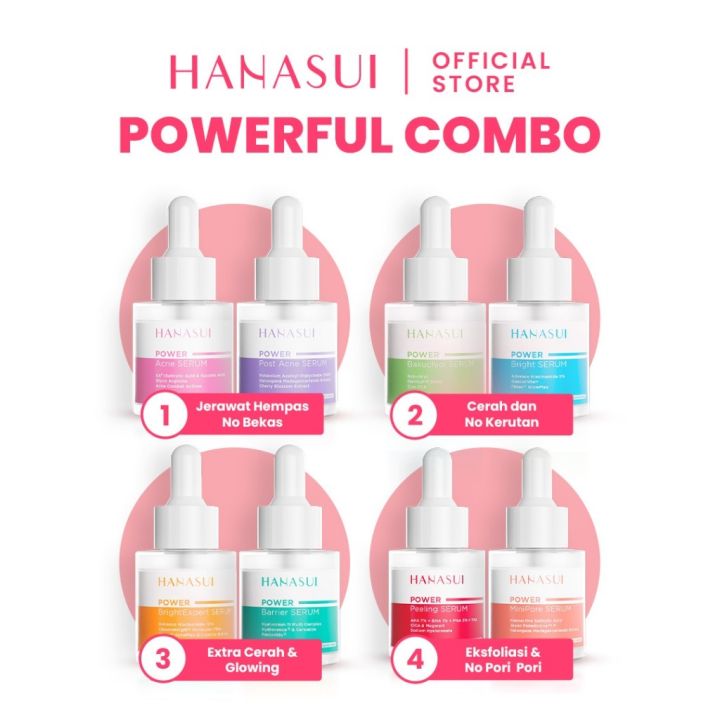 Hanasui Paket Combo Power Serum | Netto 20 ml | Bright | Acne | Barrier | Bakuchiol | Peeling | Post Acne | Minipore