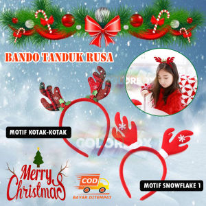 MR Bando Natal Tanduk Rusa MOTIF KOTAK-KOTAK HIJAU MERAH / MOTIF SNOWFLAKE Bando Tanduk Rusa Head Band Natal Merry Christmas Bandana Natal Bando Natal Salju Aksesoris Natal - 1 Pcs