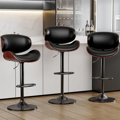 3pcs Modern Faux Leather Upholstered Bar Stools 360° Swivel Adjustable Height with Backrests Metal Tall Bar Stools Counter Height for Kitchen Island Hydraulic Island Barstools
