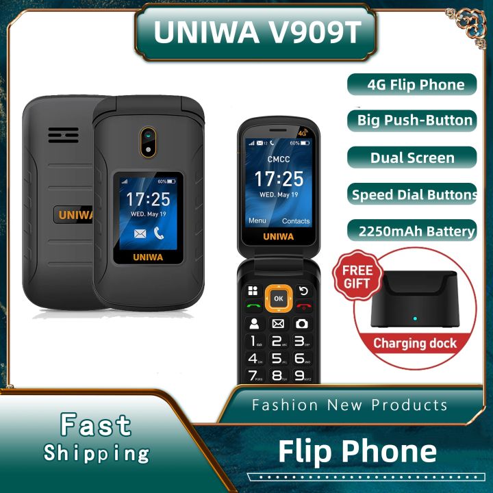 UNIWA V909T Flip Phone 4G Network Big Push-Button Dual Screen 0.3mp ...