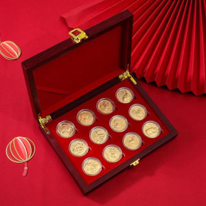 Feng Shui Lucky Chram Luxurious 12 Zodiac Gold Foil Coin With Box Set Commemorative Coin Souvenirs