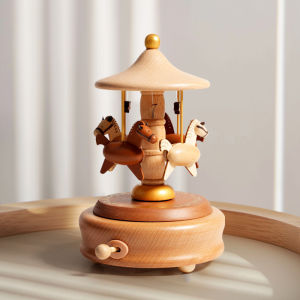 (WE)Wooden Carousel Trojan horse Music Box Ornaments Rotatable Hand-cranked Music Box DIY Handmade Birthday Christmas Gift2026