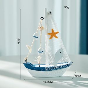TEN Mediterranean Style Sailing Boat Model Wooden Handmade Wooden Ship Ornament Coastal Style Fishing Net Accent Nautical Decor Home Decoration