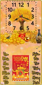 Lịch tết 2025 bìa gỗ tráng gương gắn đồng hồ bọc viền 39x79cm gắn bloc tùy chọn mẫu 02