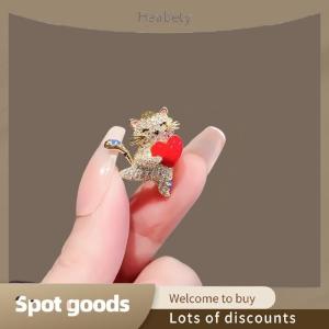 Heabety Fashion Hold Heart Cat Brooch Pins For Women Lady Cute Rhinestone Pets Animal Clothes Collar Brooches Badge Gifts
