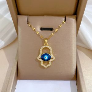 Cubic Zircon Blue Turkish Demon Eye Hamasa Hand Stainless Steel Hand of Fatima Necklace Women Necklace Jewelry collares mujer