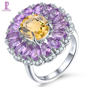 Lohaspie Jewelry Genuine 5.8 Carats 925 Real Sterling Silver Ring Natural Citrine Ring Citrine Stone Original Ring 925 Silver Engagement Ring Ladies Ring Silver Jewelry