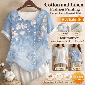 Womens Casual Shirt Vintage Floral Print Short Sleeve Loose Fit Summer Fashion Breathable Linen Cotton Blend T-Shirt Top
