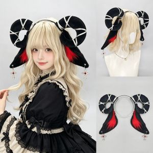 NHG Soft Devil Goat Horn Headband Plush Cute Sheep Ears Hair Band Comfortable Wear Black Cosplay Headwear Lolita Accessories