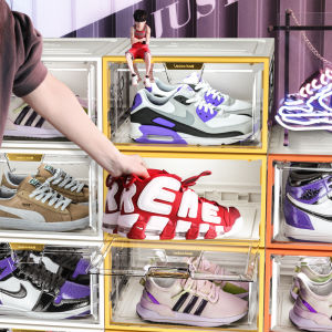 【Gift Town】Golden Handle Plastic Shoe Box Transparent Sneakers AJ Display Box High-tops Boots Organizer Shoebox Collapsible Shoes Cabinet