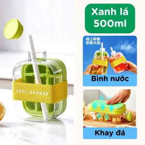 Khay Làm Đá Kiêm Bình Nước Có Nắp Nhấn Lấy Đá Nhanh Tặng Kèm Ống Hút