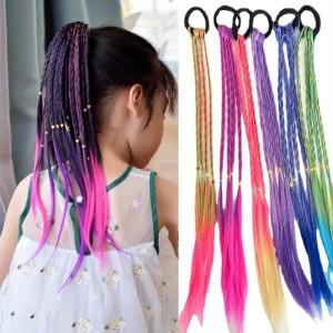1pc Gradient Colorful Braid Synthetic Hair Ponytail Rope Tie Girl Princess Color Tail Wig Childrens Styling Accessories Braider