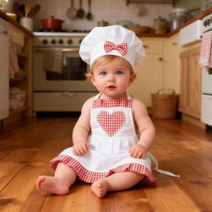 JACAUY Heart Shape Baby Chef Costumes Newborn Size Red Gingham Infant Baker Outfits Charming Costume Sets Heart Apron Hat Sets For Baby