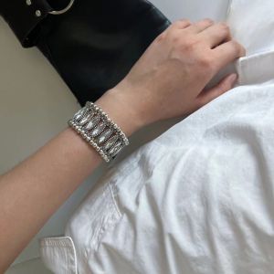 DORADO Geometric Rhinestone Bracelets Elastic Double Row Wide Bangle Classic Silver Plated Cuff Bracelet For Women