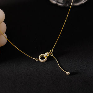 good 999 Korean fashion 18K gold titanium steel Love Round bead double ring zircon Tassel Necklace N8077