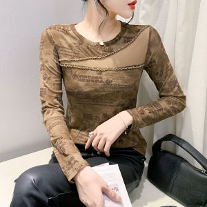 Yimei 2024 mùa xuân và mùa thu cổ tròn thời trang lưới T-shirt dài tay thiết kế áo in hình cảm giác dingzhu đổ xô áo nhỏ cho phụ nữ