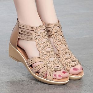 Genuine Leather Soft Sole Fashionable Slope Heel Sandals