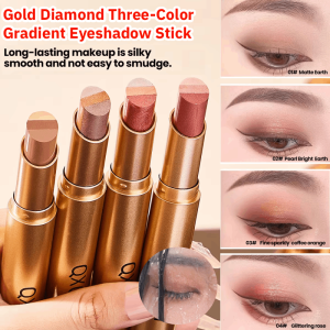 Gold Diamond Three-Color Gradient Eyeshadow Stick Natural Stereo Pearlescent Glitter Lazy Eyeshadow Waterproof Sweatproof 三色渐变眼影棒