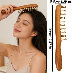 10-Teeth Copper & Wood Massager Comb for Head Meridian Therapy and Relaxation Golden Sandalwood Scraping Guasha Long Handle Hairbrush