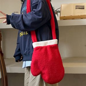 GBSDN Năm mới Túi đeo vai giáng sinh Không đều Sức chứa lớn Túi ví nữ Thời trang Đạo cụ tiệc tùng Túi vải nhung lông màu đỏ Quà tặng giáng sinh