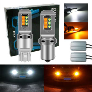 1 Bộ Đèn LED Báo Rẽ DRL Cho Xe Hơi 2 Trong 1 BA15S BAU15S PY21W Canbus 3535 No Hyperflash T20 7440 W21w Hai Màu 12SMD Màu Trắng Hổ Phách 12V