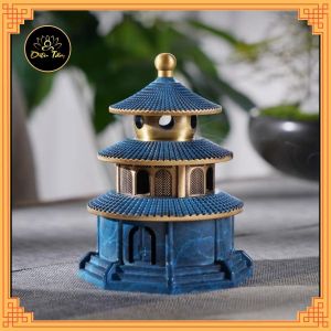 Lư xông trầm Diệu Tâm đồ thờ cúng bằng đồng hình bảo tháp sơn xanh phụ kiện trang trí ban thờ bàn làm việc Diệu Tâm