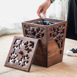 100% Teak Square Trash Can Hand Carved Trash Can With Lid For Bedroom Living Room Toilet Bathroom And Office Wastebasket